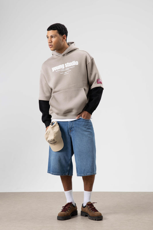 Oversize Baskılı Kapüşonlu Sweatshirt Açık Vizon