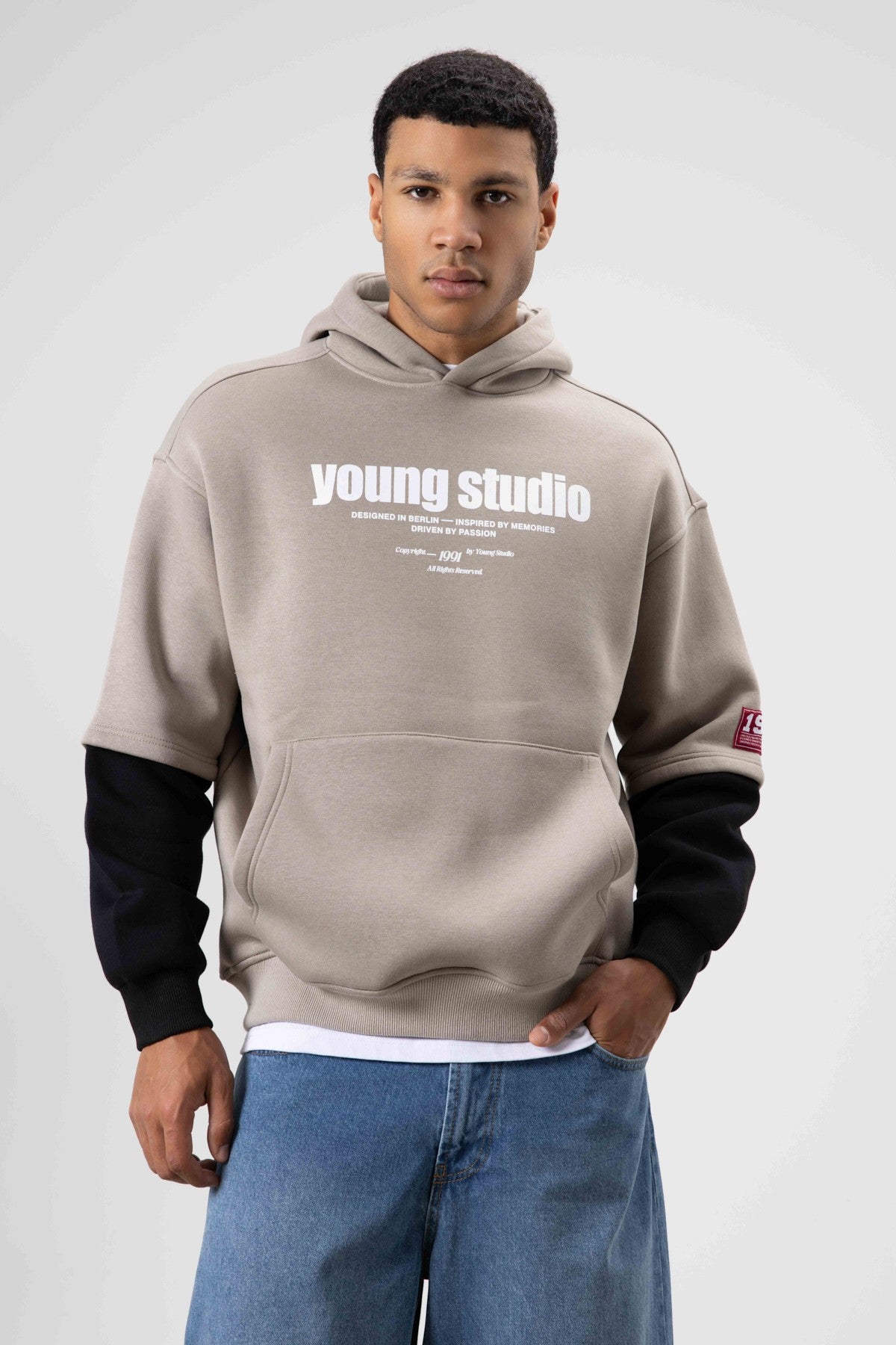 Oversize Baskılı Kapüşonlu Sweatshirt Açık Vizon