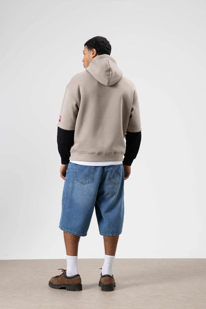 Oversize Baskılı Kapüşonlu Sweatshirt Açık Vizon