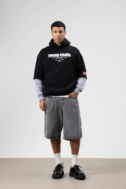 Oversize Baskılı Kapüşonlu Sweatshirt Siyah