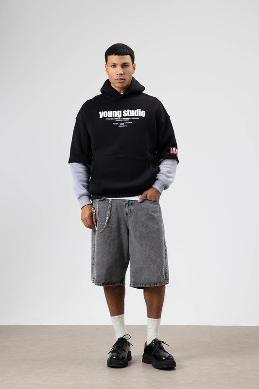 Oversize Baskılı Kapüşonlu Sweatshirt Siyah