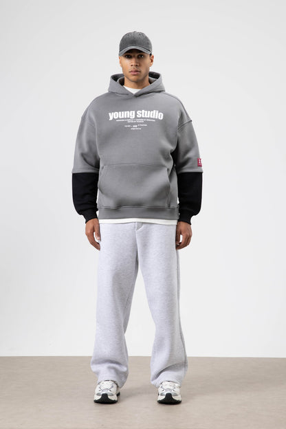 Oversize Baskılı Kapüşonlu Sweatshirt Füme
