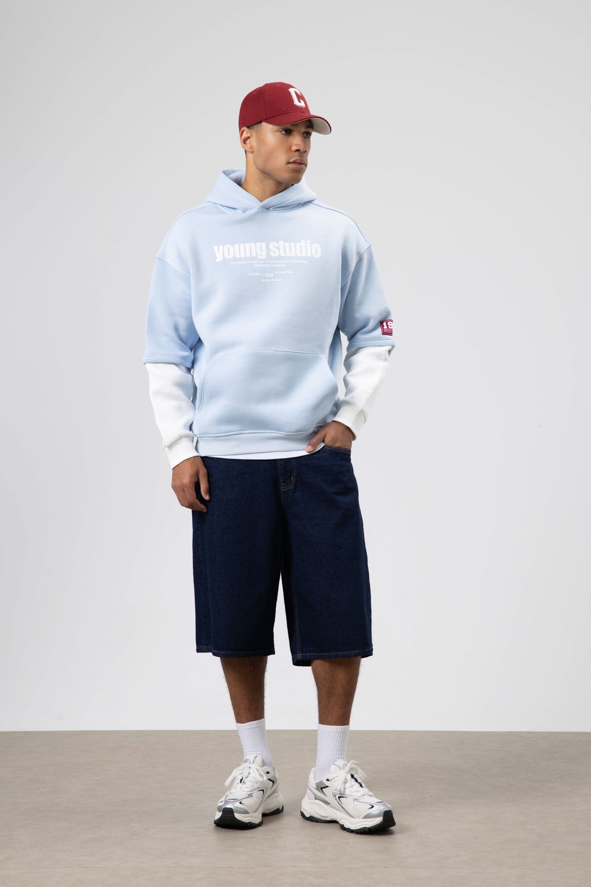 Oversize Baskılı Kapüşonlu Sweatshirt Bebe Mavi