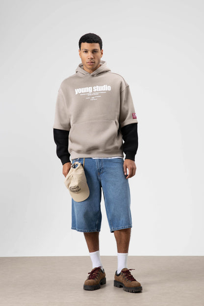 Oversize Baskılı Kapüşonlu Sweatshirt Açık Vizon