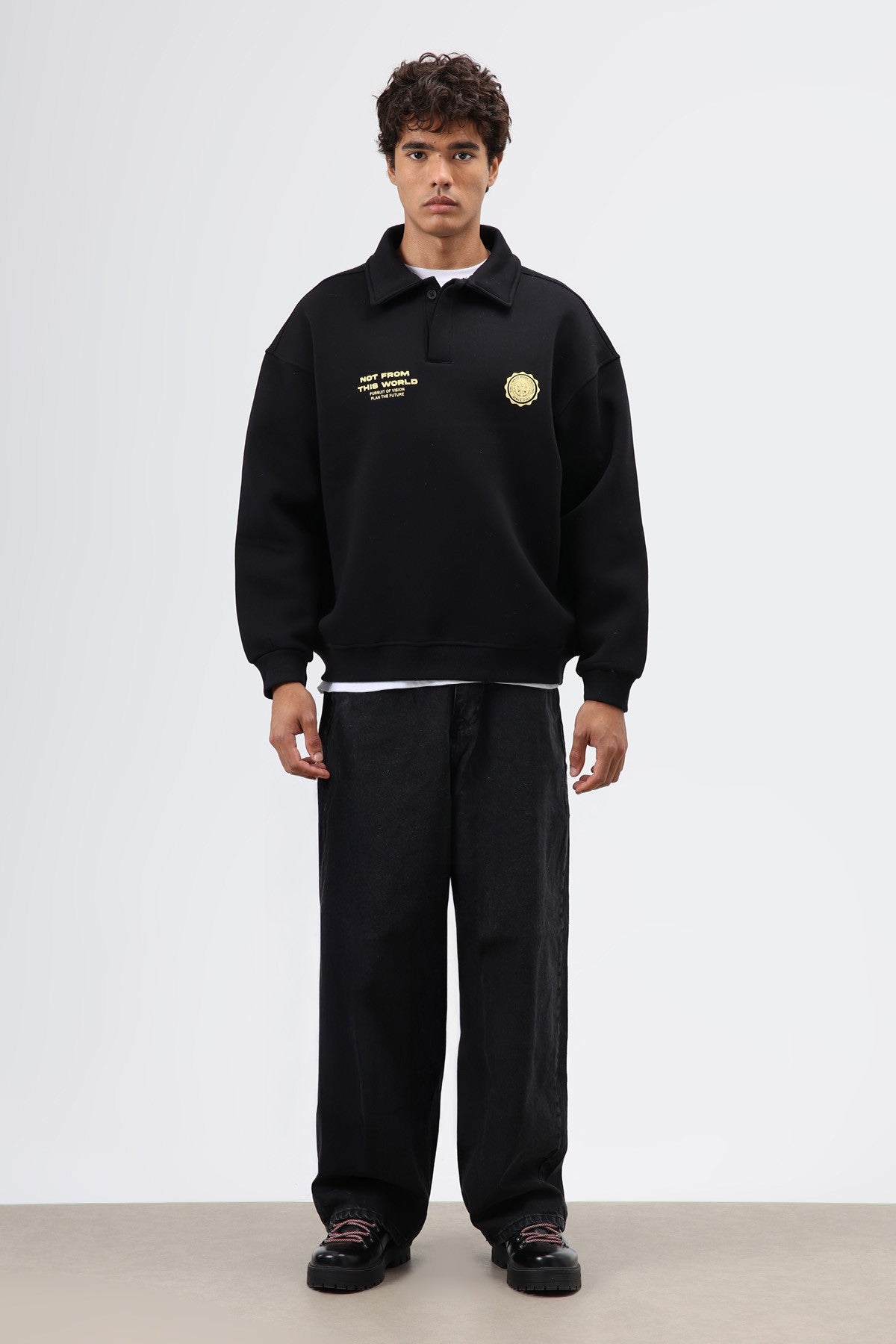 Polo Yaka Oversize Baskılı Yıkamalı Sweatshirt