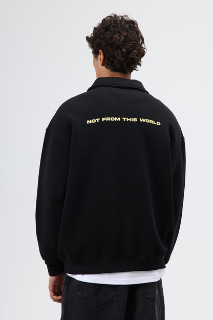 Polo Yaka Oversize Baskılı Yıkamalı Sweatshirt