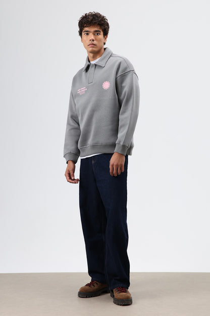 Polo Yaka Oversize Baskılı Yıkamalı Sweatshirt