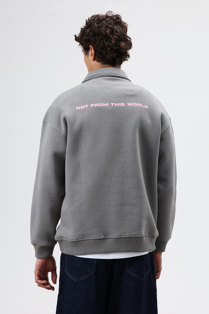 Polo Yaka Oversize Baskılı Yıkamalı Sweatshirt