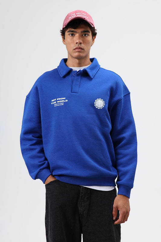 Polo Yaka Oversize Baskılı Yıkamalı Sweatshirt