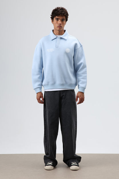 Polo Yaka Oversize Baskılı Yıkamalı Sweatshirt