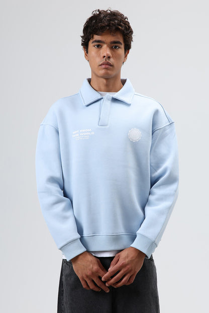 Polo Yaka Oversize Baskılı Yıkamalı Sweatshirt