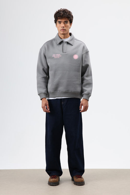 Polo Yaka Oversize Baskılı Yıkamalı Sweatshirt