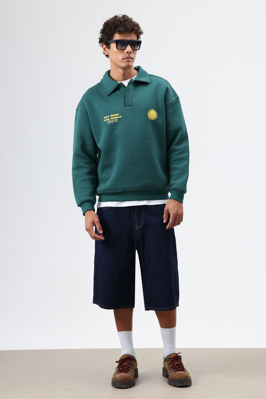 Polo Yaka Oversize Baskılı Yıkamalı Sweatshirt