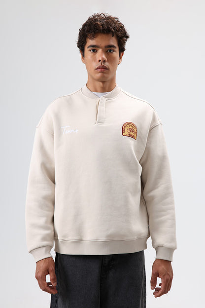Oversize Henley Yaka Baskılı Sweatshirt