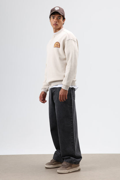 Oversize Henley Yaka Baskılı Sweatshirt