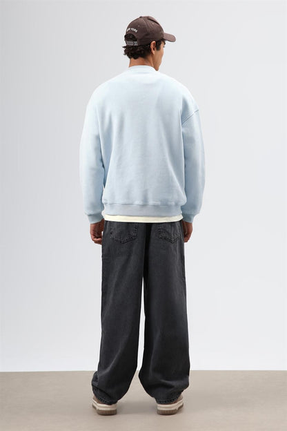 Oversize Henley Yaka Baskılı Sweatshirt
