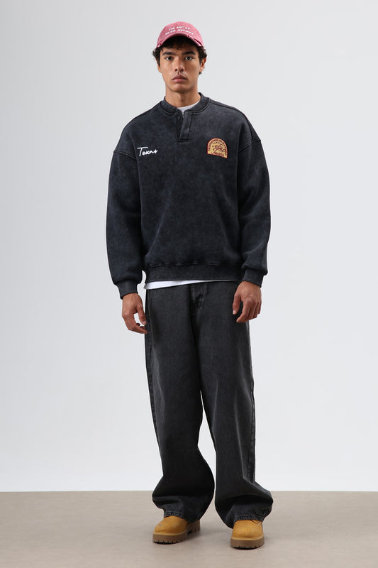 Oversize Henley Yaka Baskılı Sweatshirt