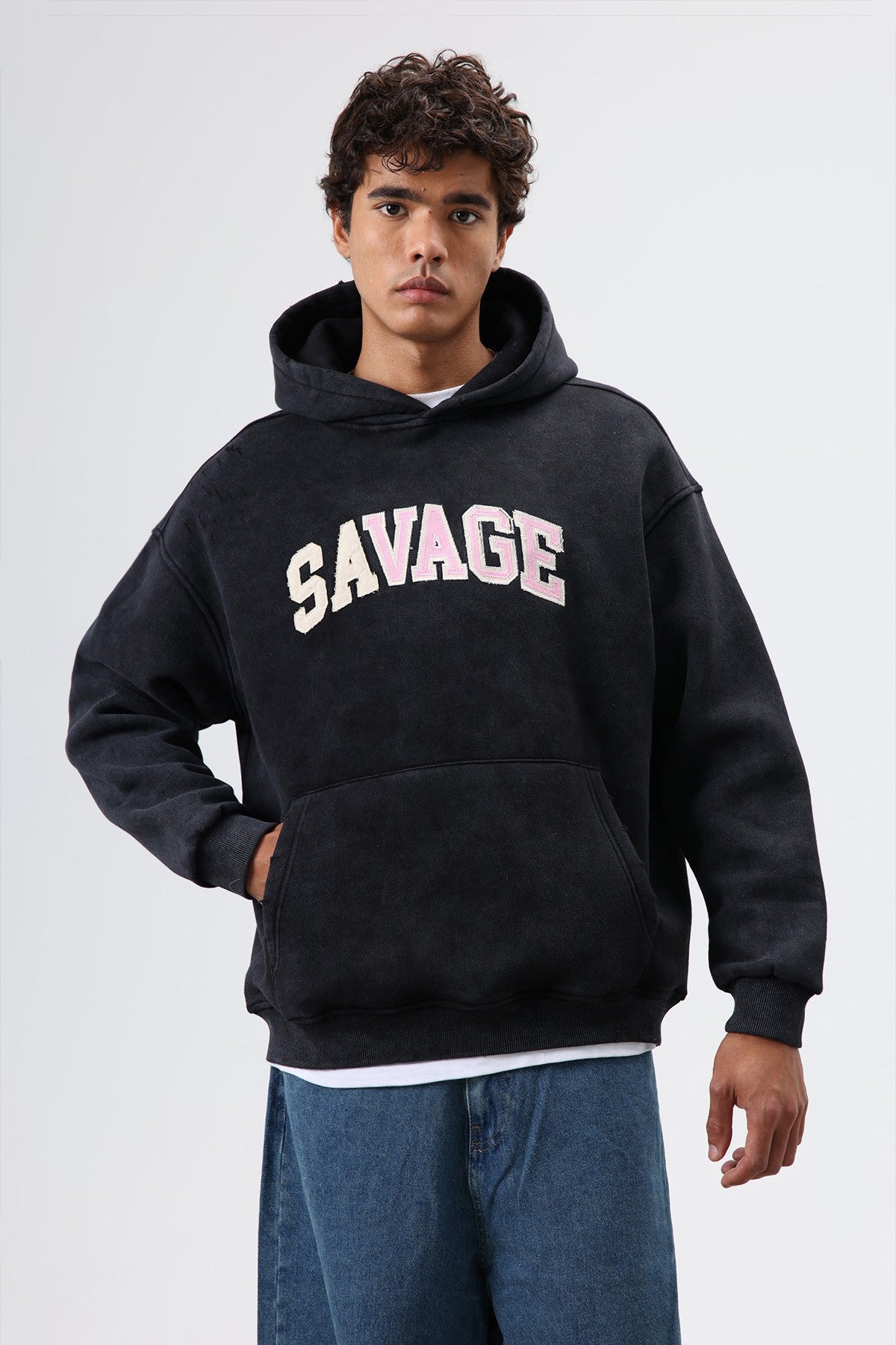 Oversize Baskılı Kapüşonlu Sweatshirt V70-127