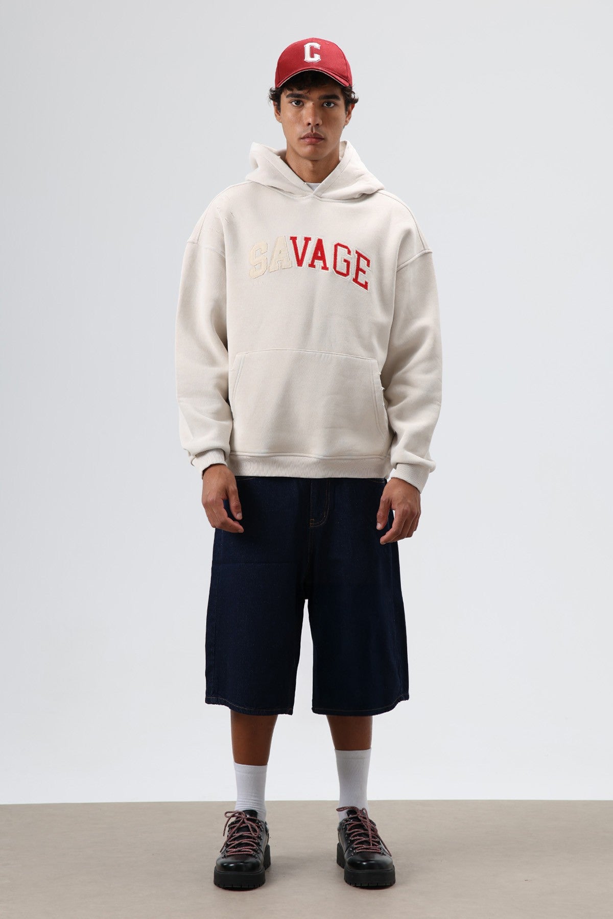 Oversize Baskılı Kapüşonlu Sweatshirt V70-127