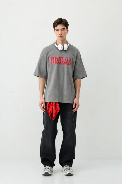 Yıkamalı Baskılı Oversize Tişört