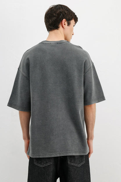 Yıkamalı Yazı Baskılı Oversize Tişört