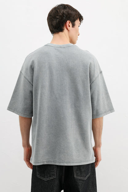 Yıkamalı Yazı Baskılı Oversize Tişört