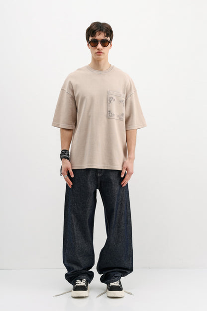 Oversize Baskılı Tişört Bej
