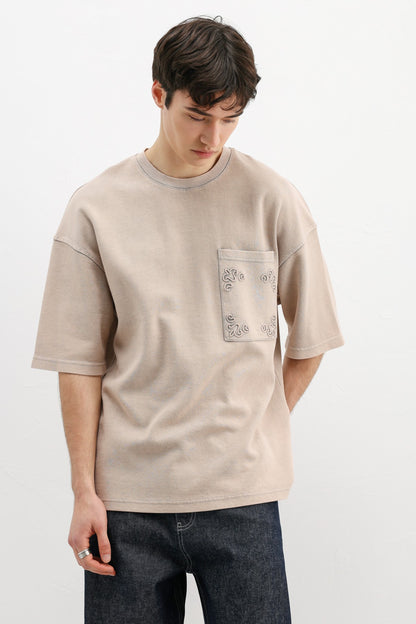 Oversize Baskılı Tişört Bej