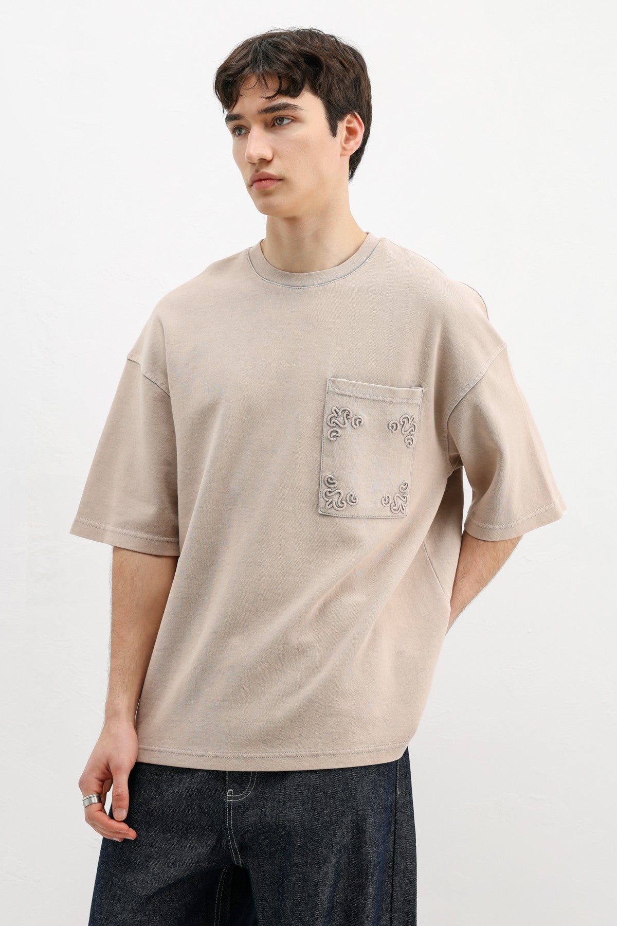 Oversize Baskılı Tişört Bej