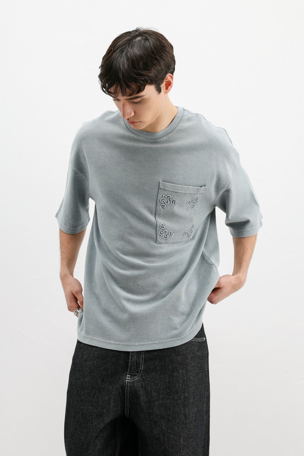 Oversize Baskılı Tişört Gri