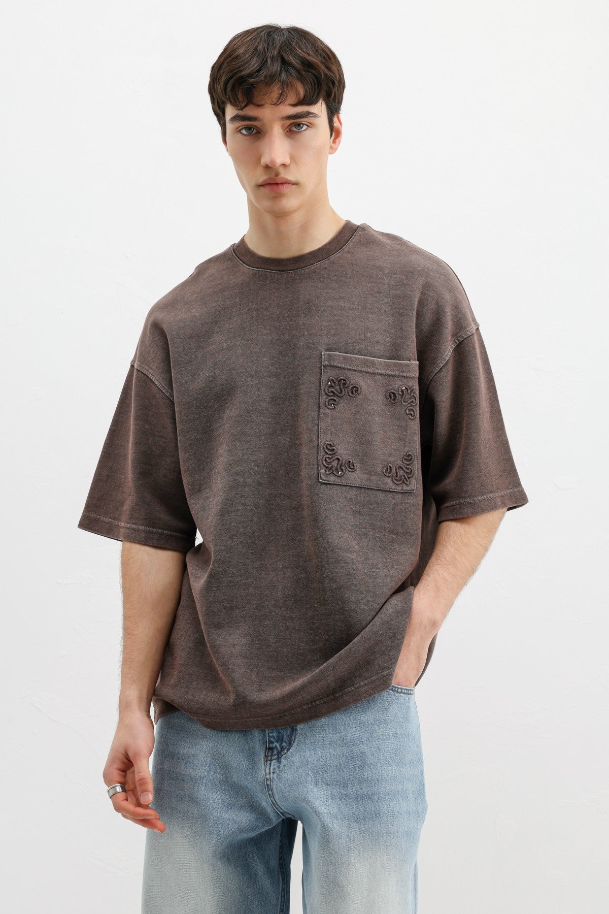 Oversize Baskılı Tişört Kahve