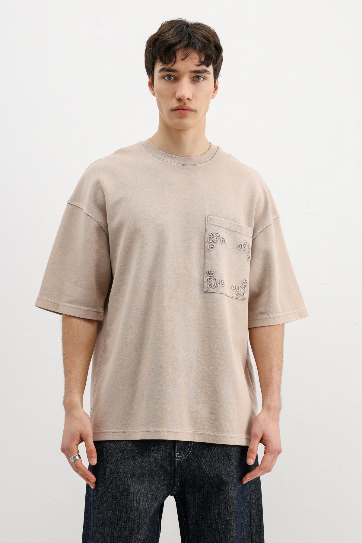 Oversize Baskılı Tişört Bej
