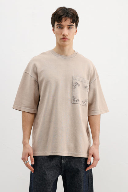 Oversize Baskılı Tişört Bej