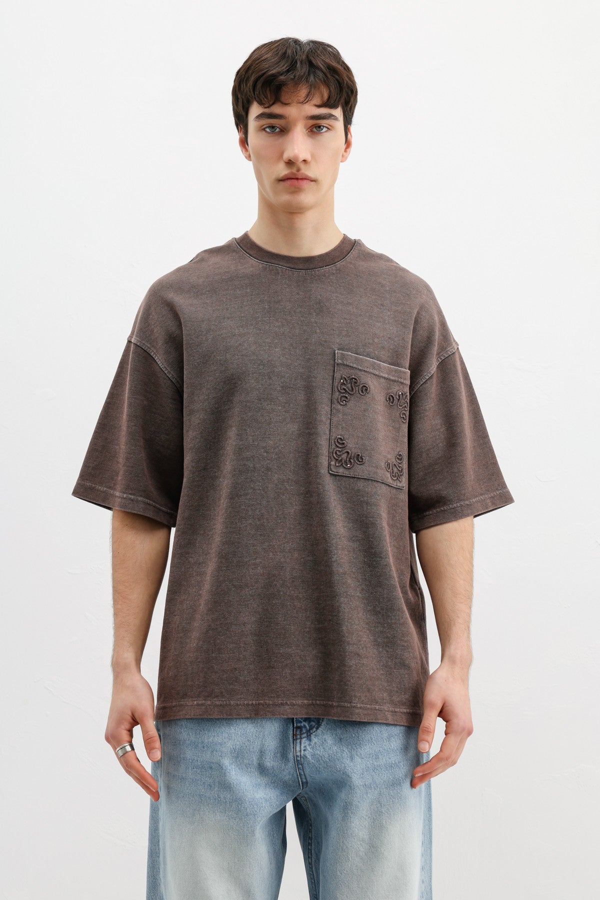 Oversize Baskılı Tişört Kahve