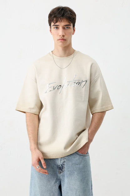 Oversize Bisiklet Yaka Baskılı Heavyweight Tişört