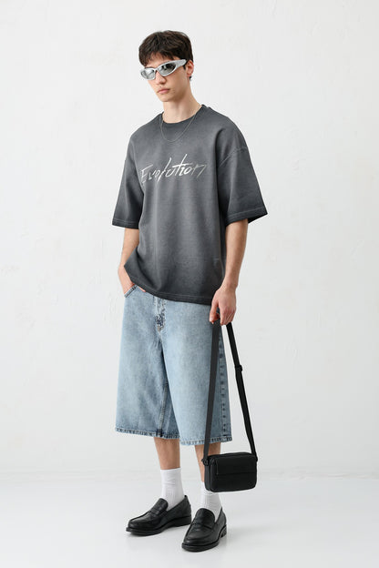 Oversize Bisiklet Yaka Baskılı Heavyweight Tişört