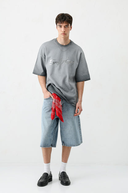 Oversize Bisiklet Yaka Baskılı Heavyweight Tişört