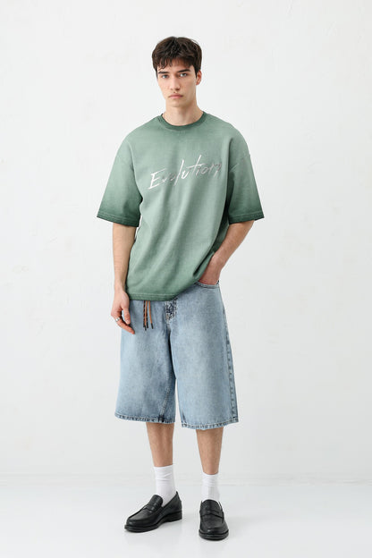 Oversize Bisiklet Yaka Baskılı Heavyweight Tişört