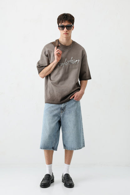 Oversize Bisiklet Yaka Baskılı Heavyweight Tişört