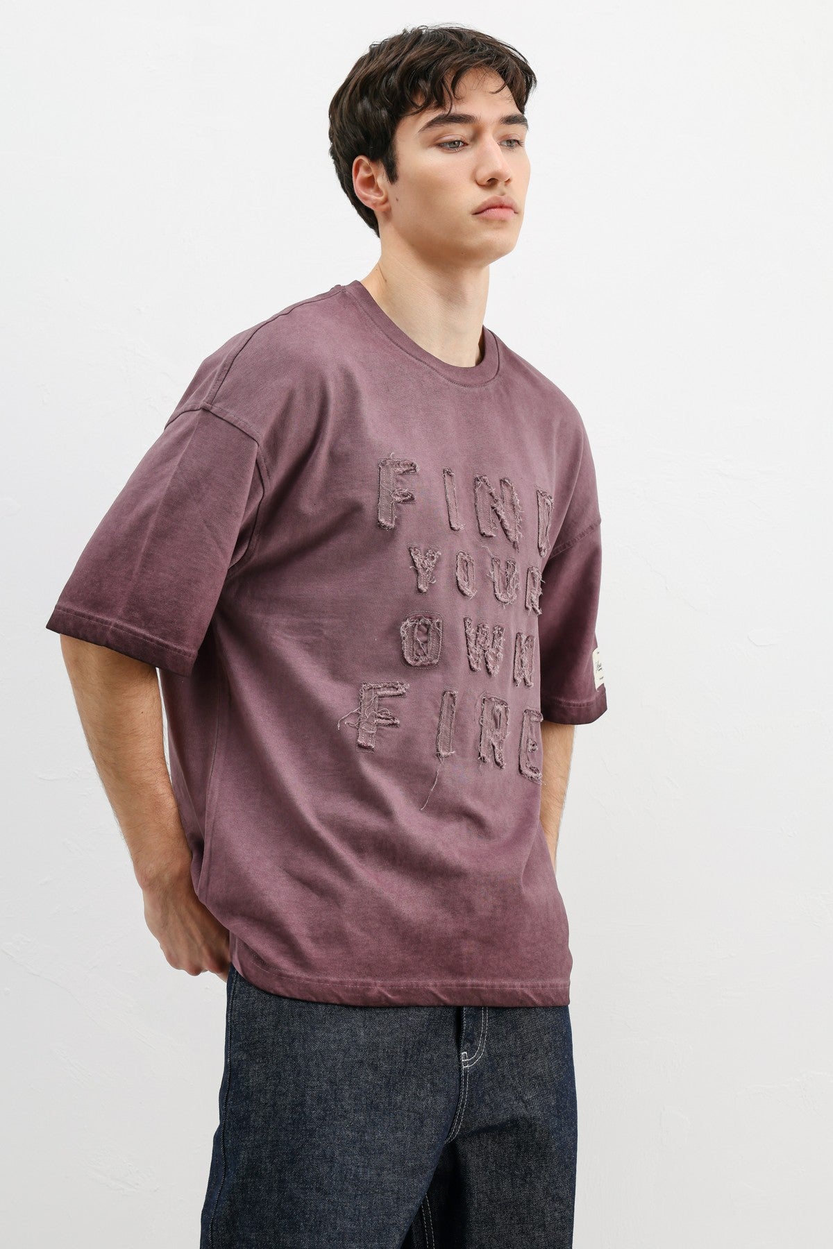 Oversize Baskılı Tişört Bordo