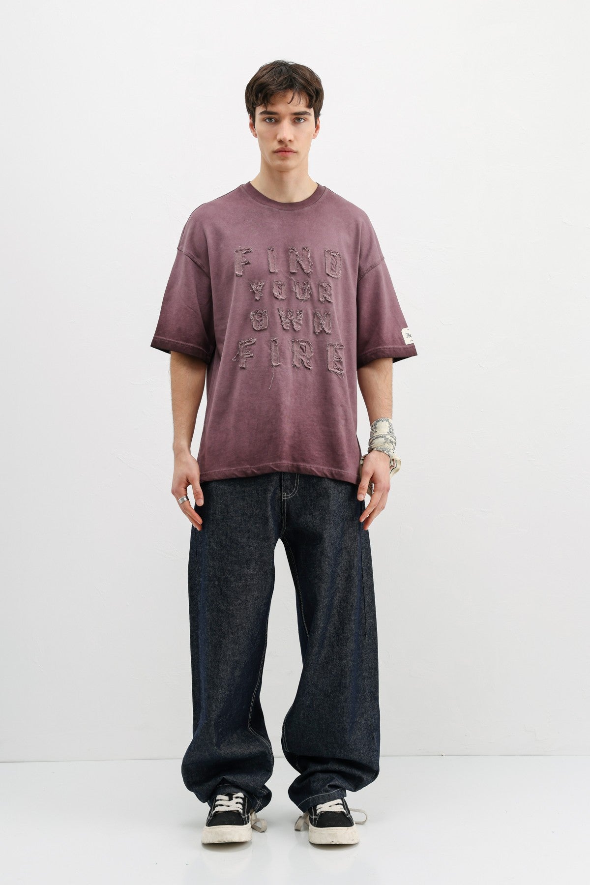 Oversize Baskılı Tişört Bordo