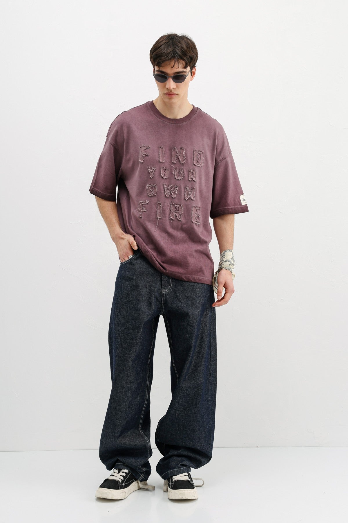 Oversize Baskılı Tişört Bordo