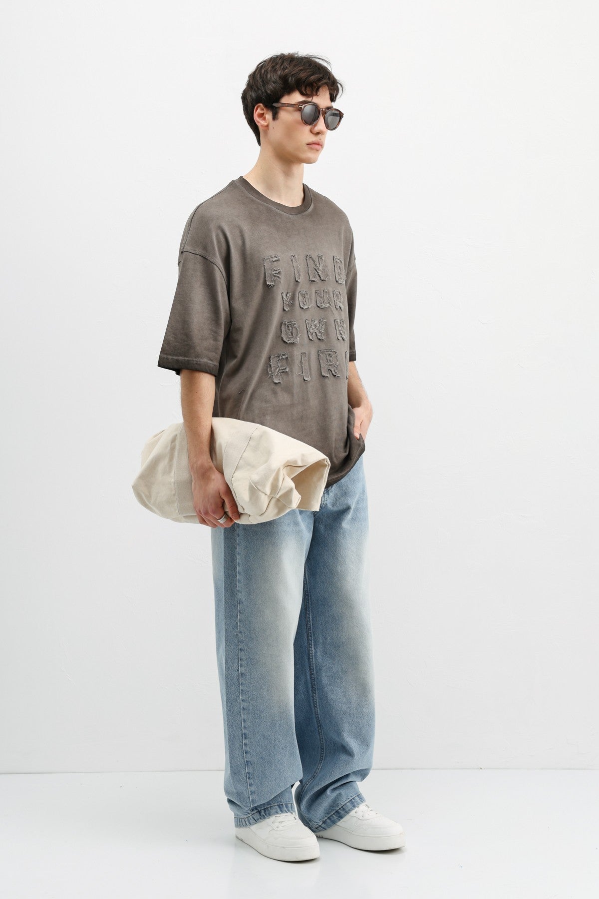 Oversize Baskılı Tişört Kahve