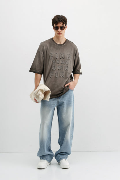 Oversize Baskılı Tişört Kahve