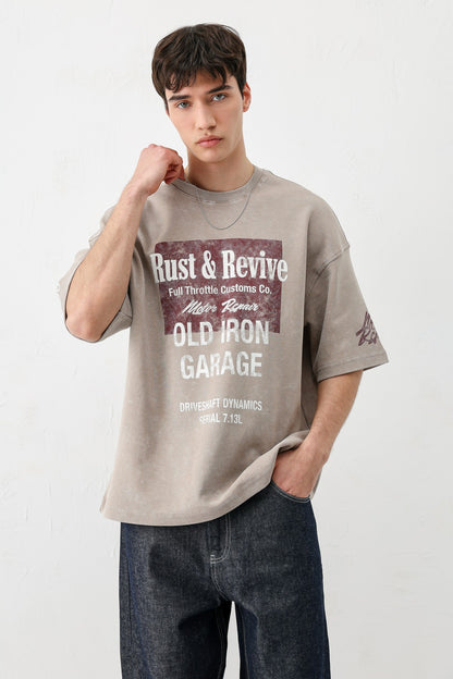Oversize Baskılı Tişört Vizon