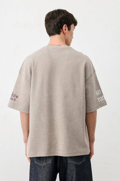 Oversize Baskılı Tişört Vizon