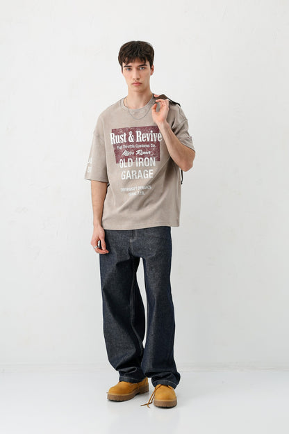 Oversize Baskılı Tişört Vizon