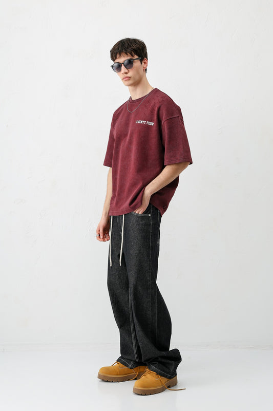 Baskılı Oversize Tişört Bordo