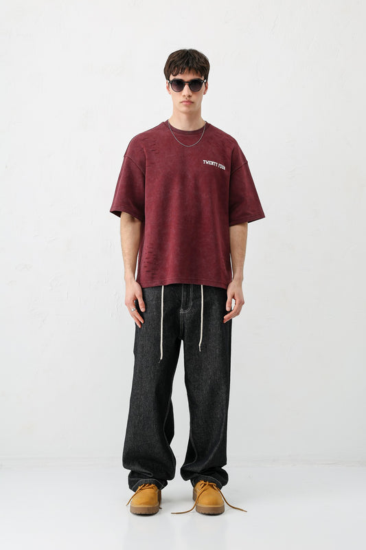 Baskılı Oversize Tişört Bordo