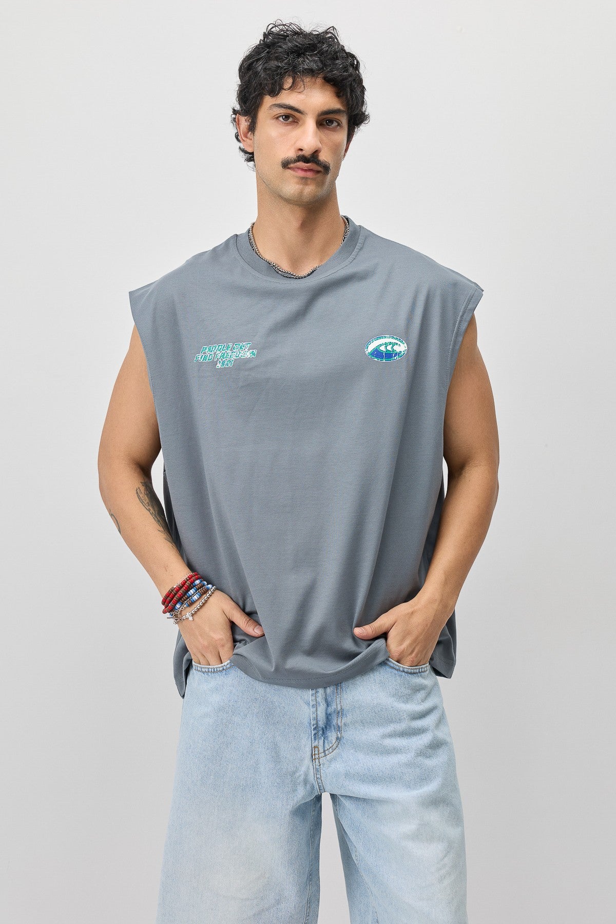 Oversize Baskılı Kolsuz Tişört